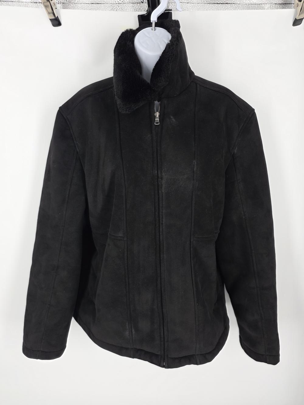 Claiborne Mens Medium Black Faux Suede Sherpa Lined Bomber Jacket Coat Full Zip